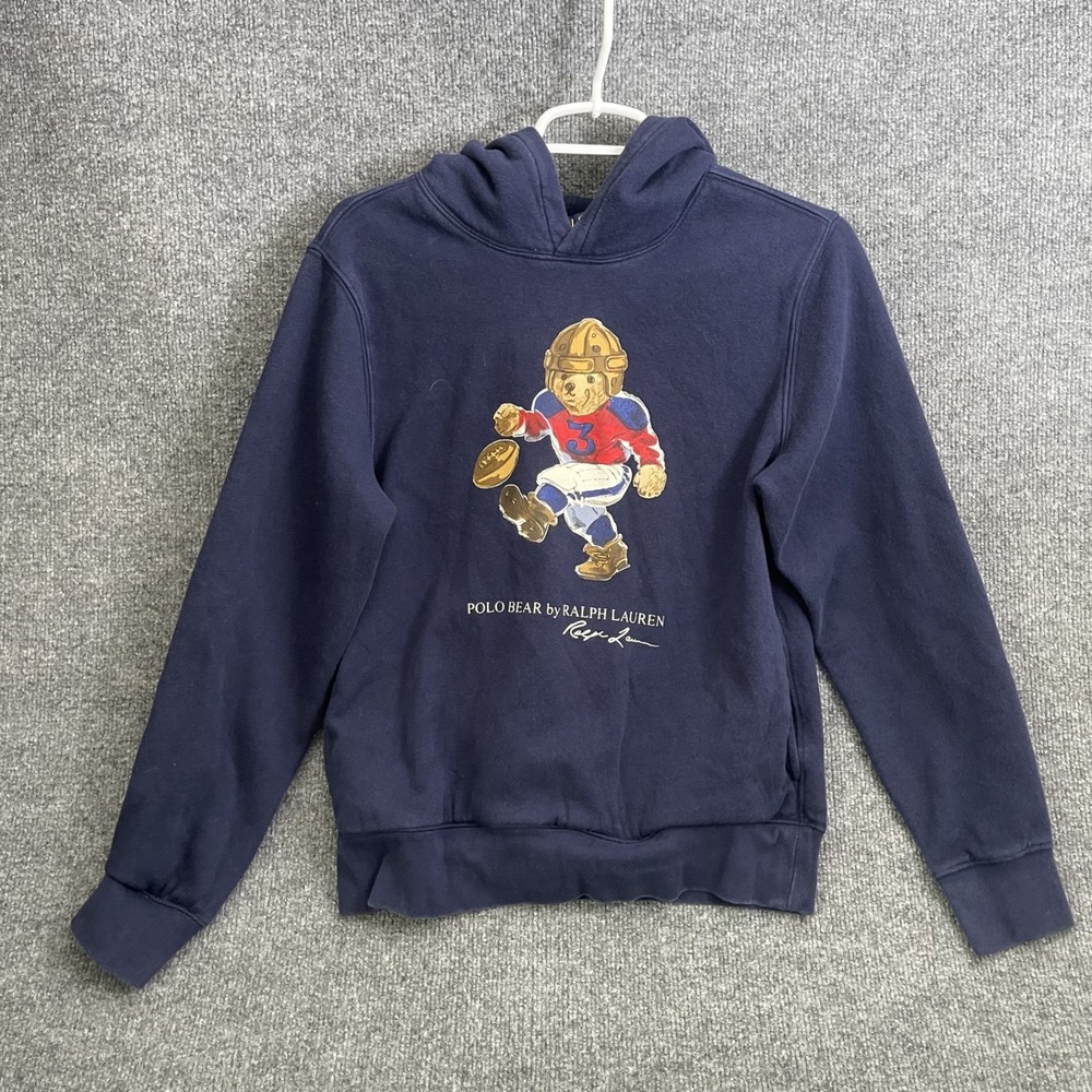 Polo Ralph Lauren Football Bear Hoodie Boys L 14-16 Navy Blue Fleece Sweatshirt